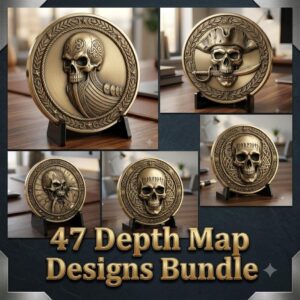 3D Coin Engraving Depth Map, Viking Biker Skull Laser File, Relief PNG Bundle