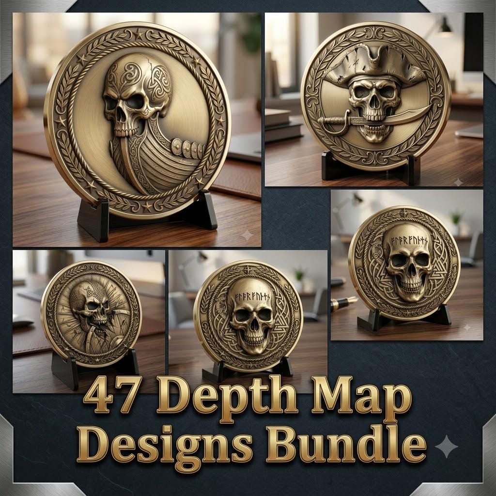 3D Coin Engraving Depth Map, Viking Biker Skull Laser File, Relief PNG Bundle
