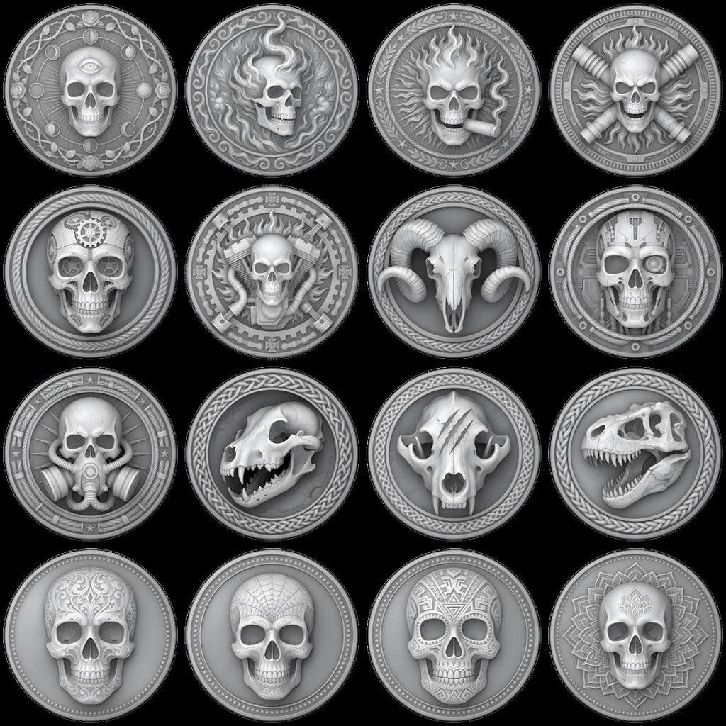 3D Coin Engraving Depth Map, Viking Biker Skull Laser File, Relief PNG Bundle