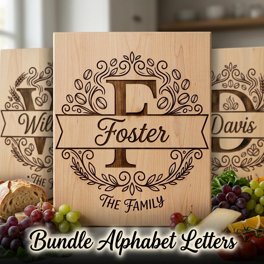 Alphabet Monogram Engraving Pack, Custom Family Name Logo for Serving Boards
