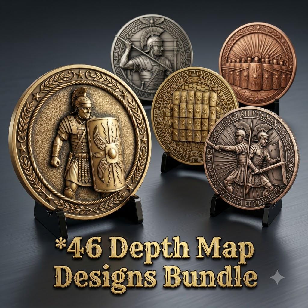 Ancient Roman Soldier Challenge Coin Design, Laser Engraving Relief Depth Map
