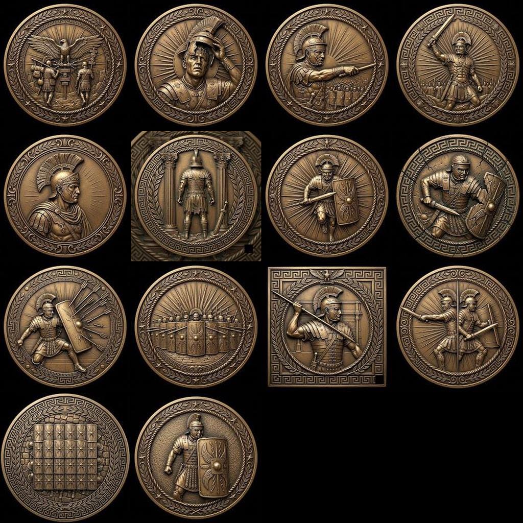 Ancient Roman Soldier Challenge Coin Design, Laser Engraving Relief Depth Map