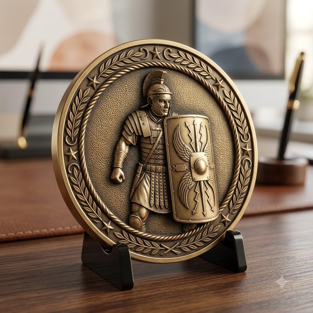 Ancient Roman Soldier Challenge Coin Design, Laser Engraving Relief Depth Map
