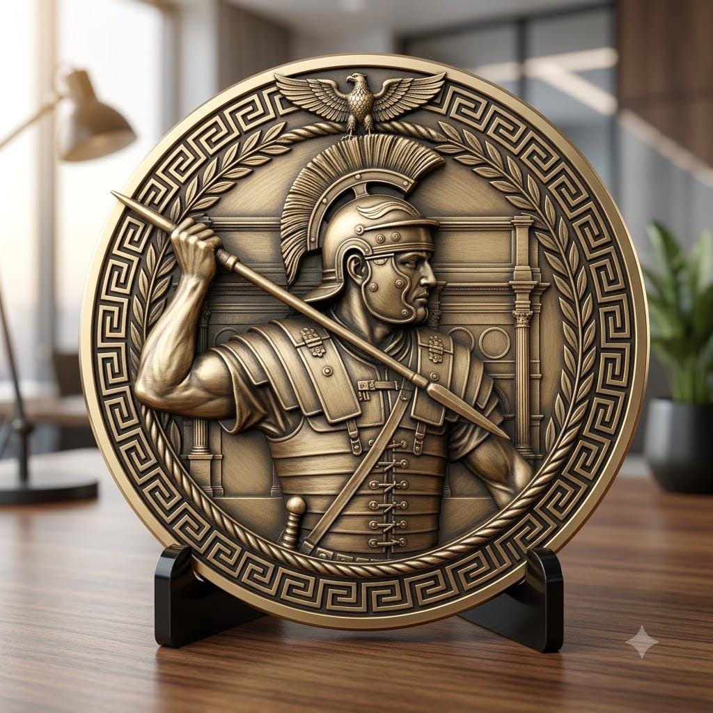 Ancient Roman Soldier Challenge Coin Design, Laser Engraving Relief Depth Map