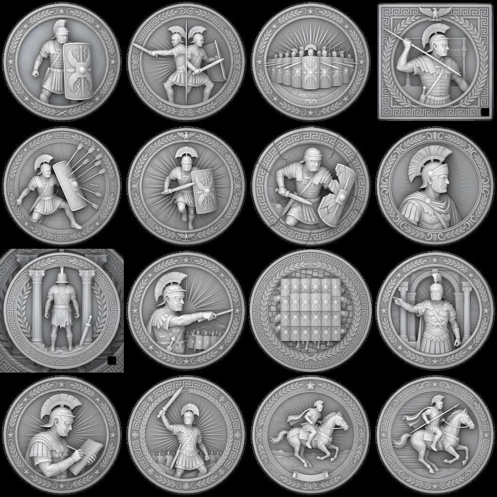 Ancient Roman Soldier Challenge Coin Design, Laser Engraving Relief Depth Map