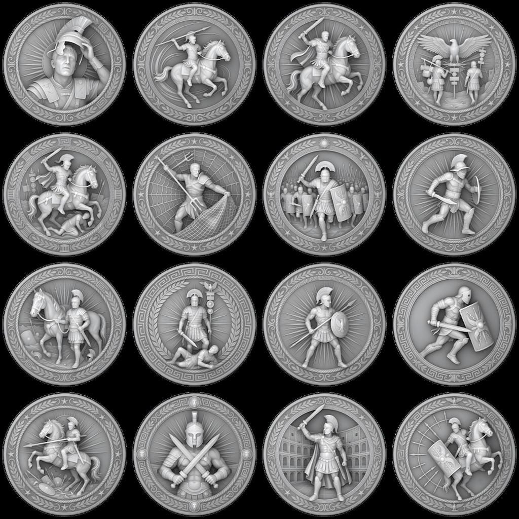 Ancient Roman Soldier Challenge Coin Design, Laser Engraving Relief Depth Map