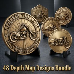 Biker Challenge Coin, Motorcycle Laser Engraving Depth Map, Relief PNG Bundle