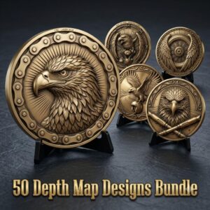 Biker Coin Laser Engraving Depth Map, Motorcycle Eagle Relief PNG Bundle
