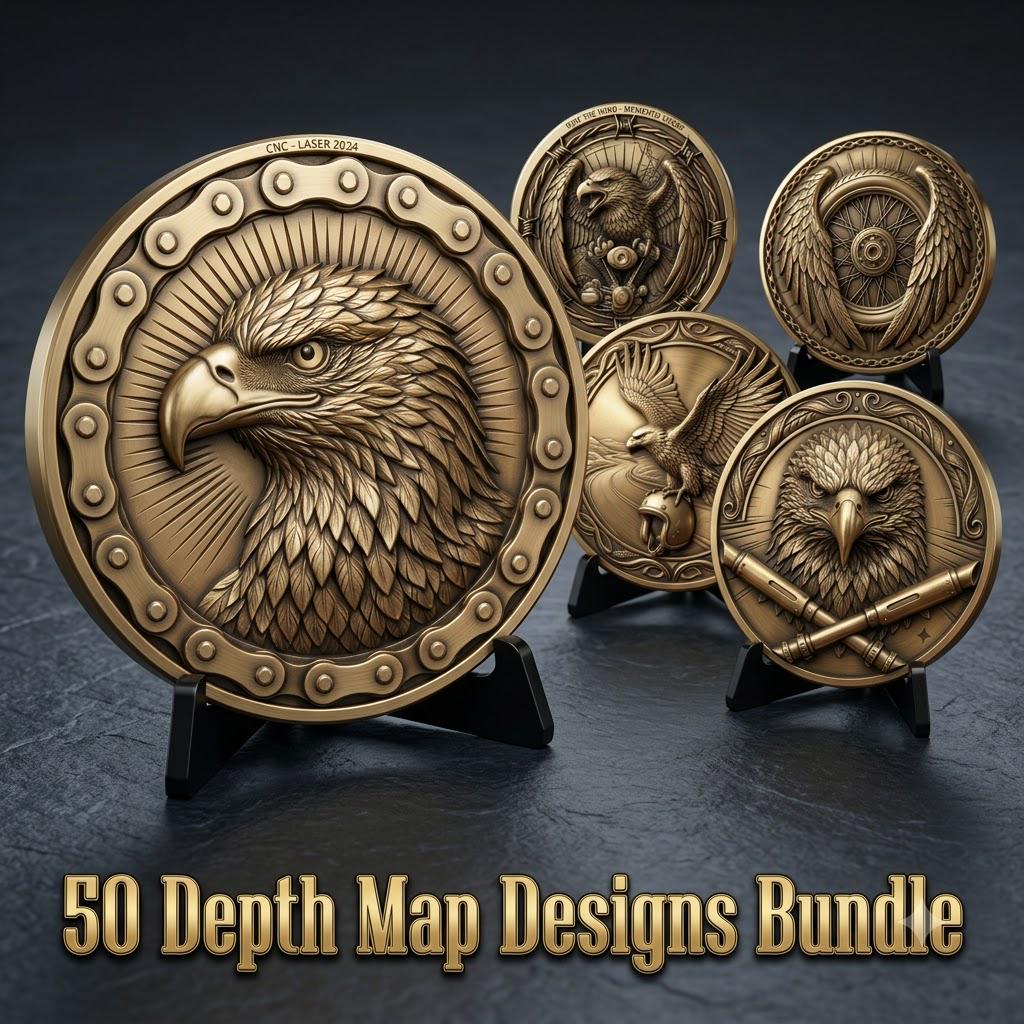 Biker Coin Laser Engraving Depth Map, Motorcycle Eagle Relief PNG Bundle
