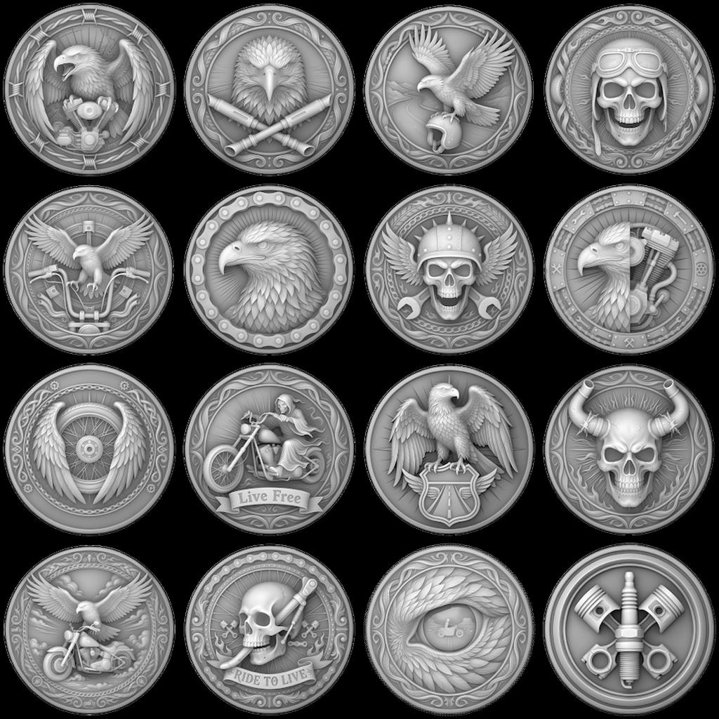 Biker Coin Laser Engraving Depth Map, Motorcycle Eagle Relief PNG Bundle