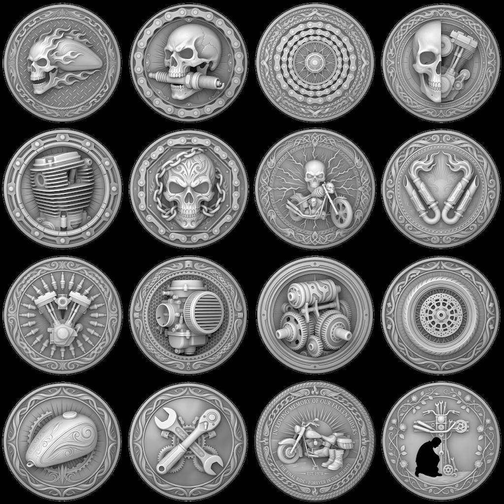 Biker Coin Laser Engraving Depth Map, Motorcycle Eagle Relief PNG Bundle