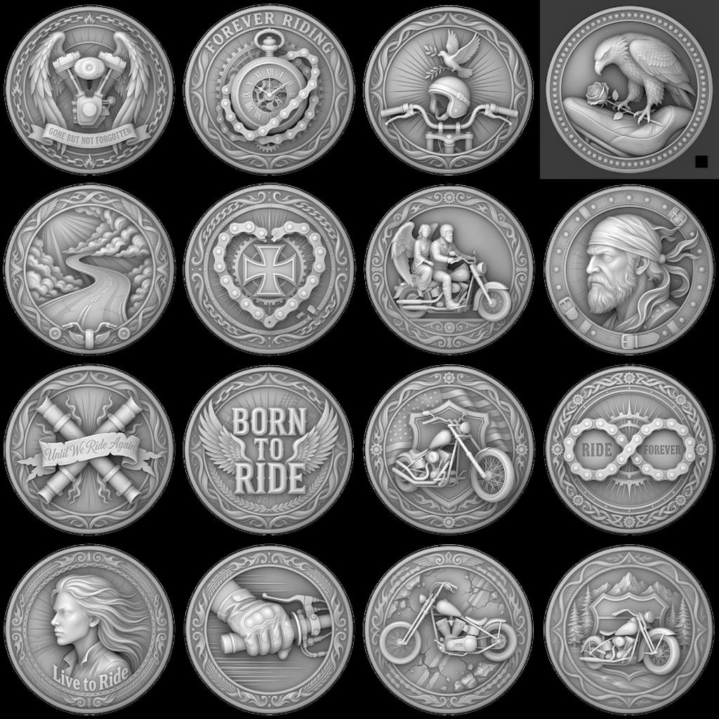 Biker Coin Laser Engraving Depth Map, Motorcycle Eagle Relief PNG Bundle