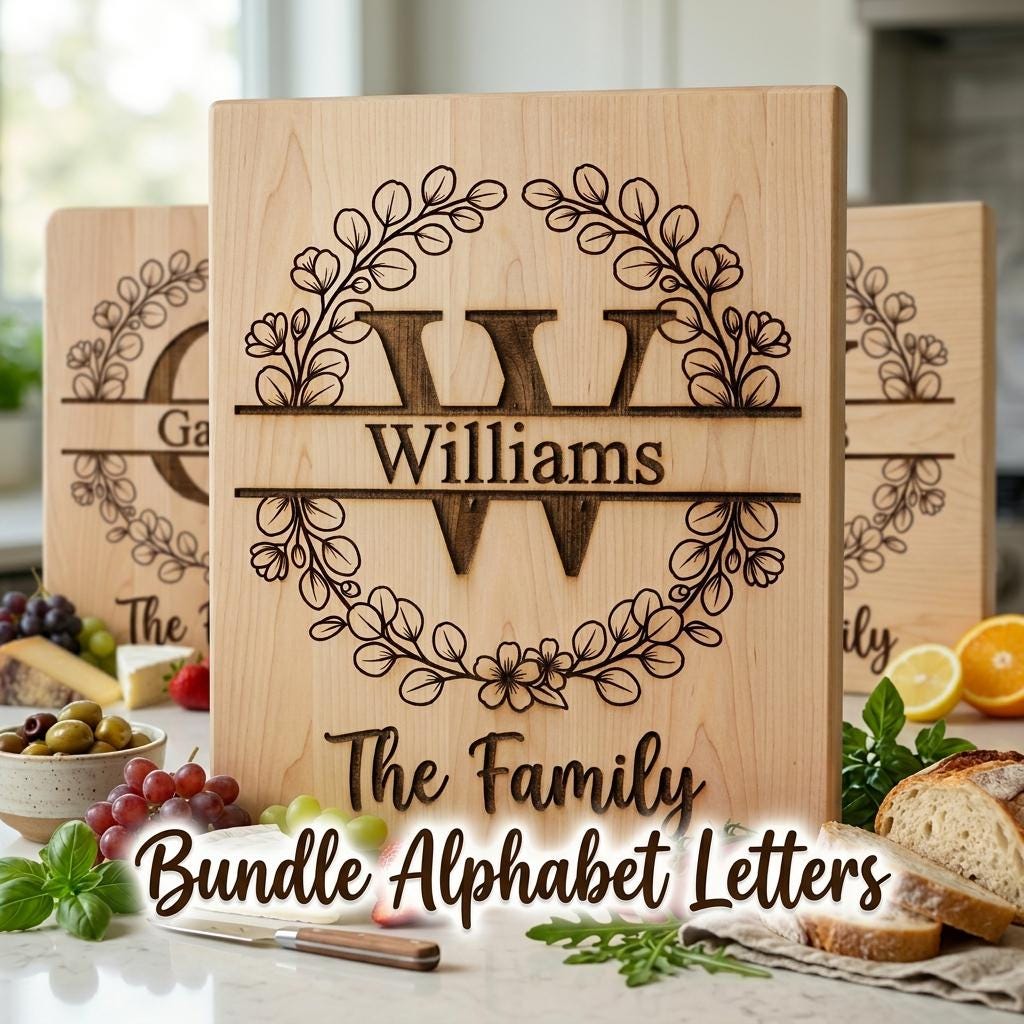 Botanical Monogram Alphabet, Personalized Family Name Board Engraving Designs