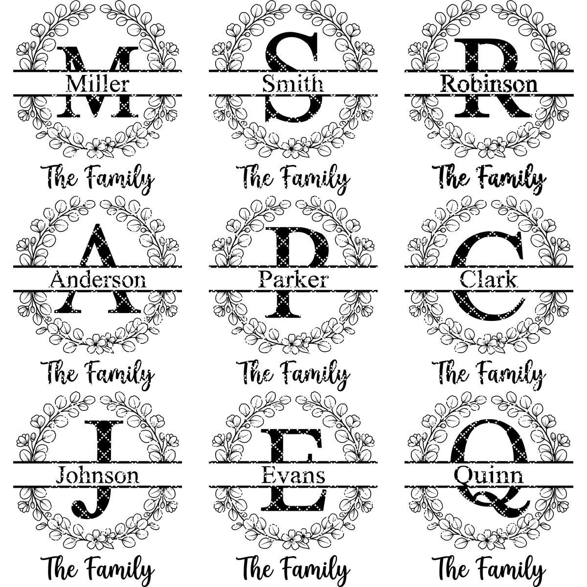 Botanical Monogram Alphabet, Personalized Family Name Board Engraving Designs