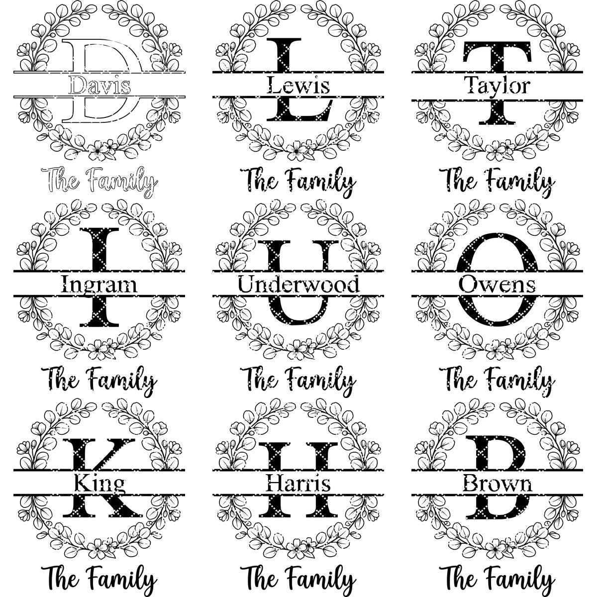 Botanical Monogram Alphabet, Personalized Family Name Board Engraving Designs