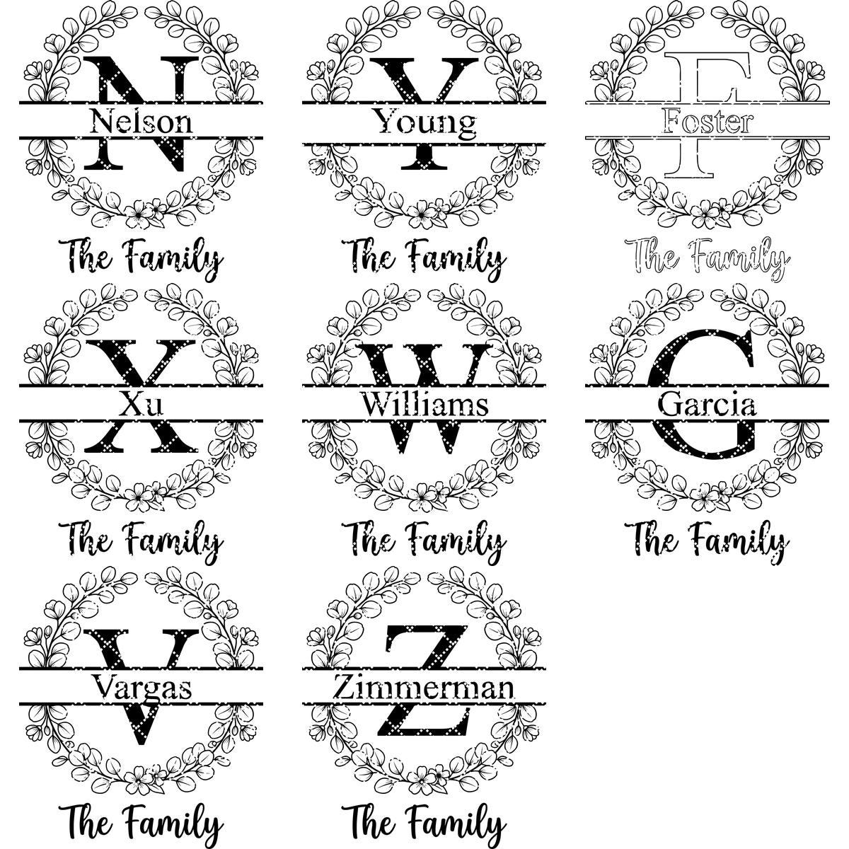 Botanical Monogram Alphabet, Personalized Family Name Board Engraving Designs