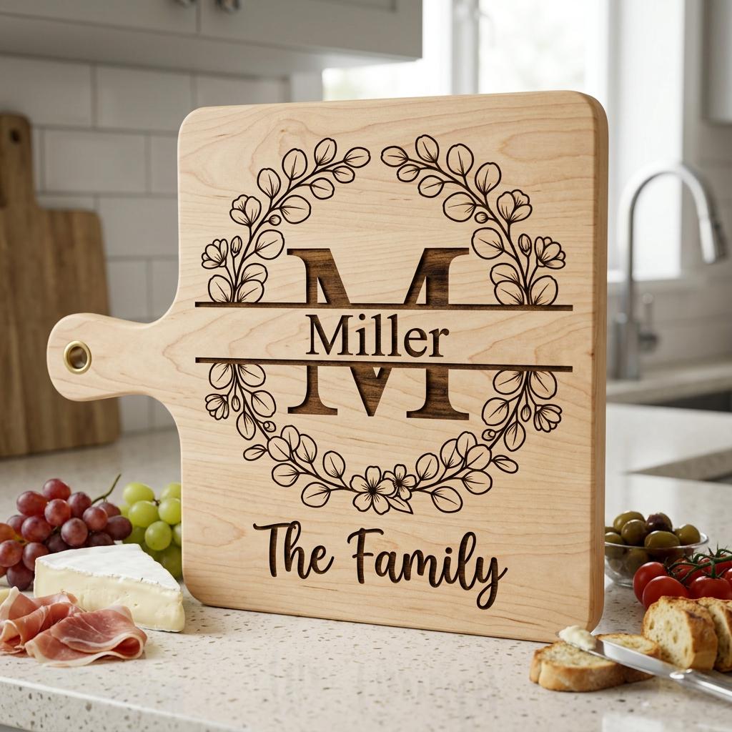 Botanical Monogram Alphabet, Personalized Family Name Board Engraving Designs