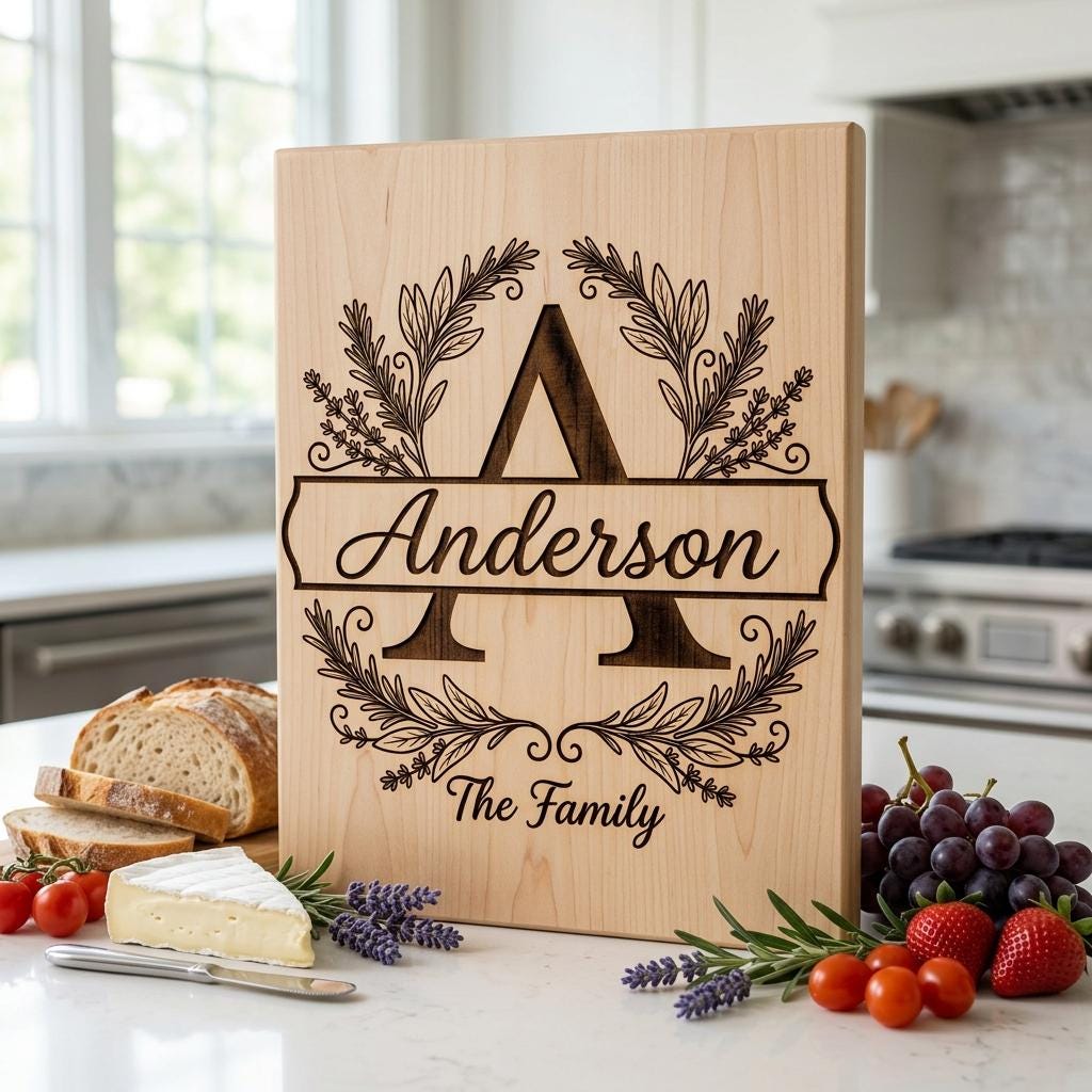Botanical Monogram Bundle, Family Name Chopping Board Engraving Template