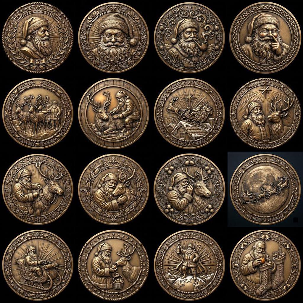 Classic Santa Relief Depth Map Bundle, Christmas Coin Laser Engraving Design