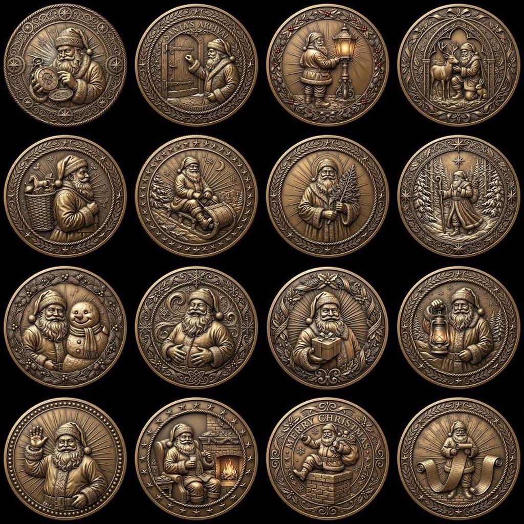 Classic Santa Relief Depth Map Bundle, Christmas Coin Laser Engraving Design