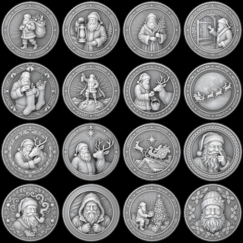 Classic Santa Relief Depth Map Bundle, Christmas Coin Laser Engraving Design