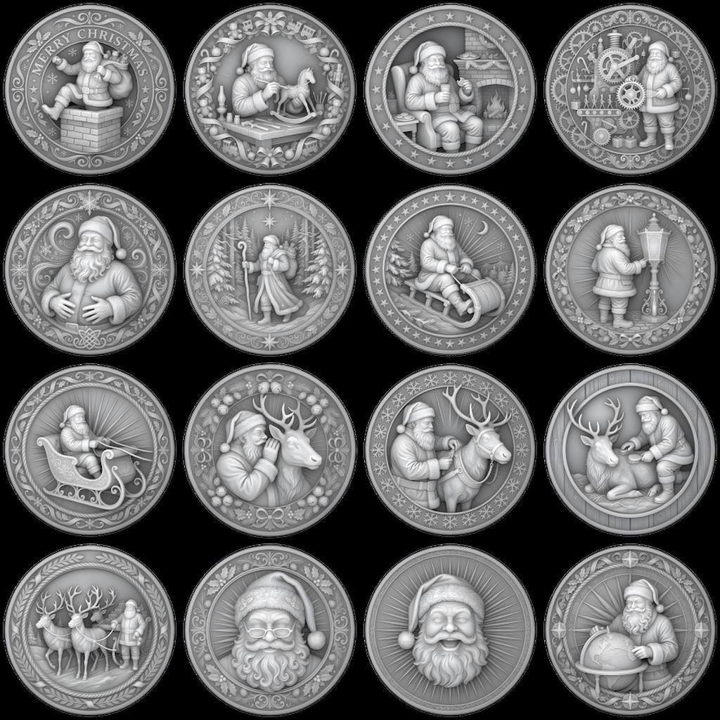 Classic Santa Relief Depth Map Bundle, Christmas Coin Laser Engraving Design