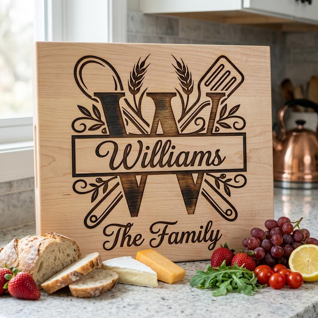 Cooking Monogram Alphabet, Family Crest Laser Engraving for Kitchen Boards