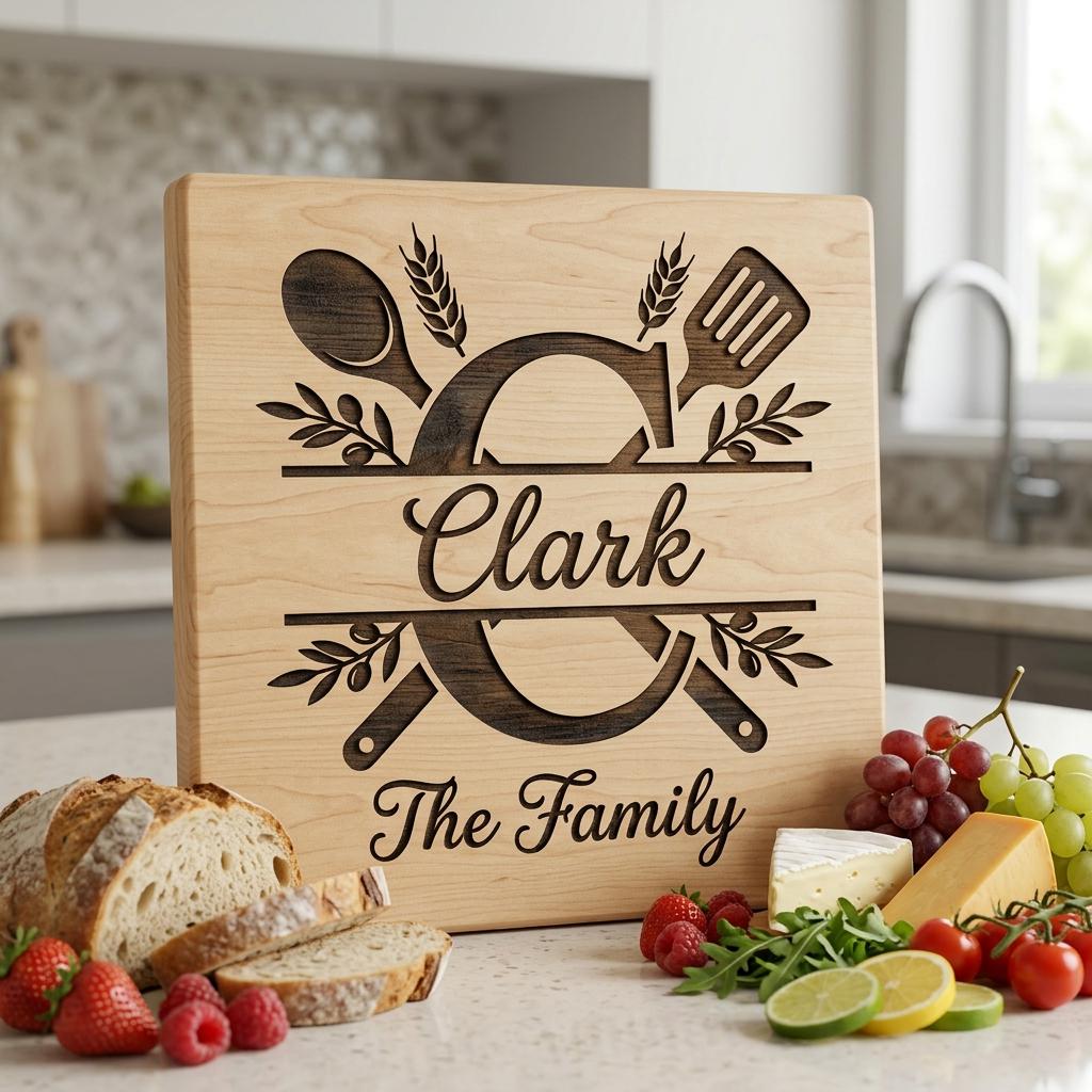 Cooking Monogram Alphabet, Family Crest Laser Engraving for Kitchen Boards