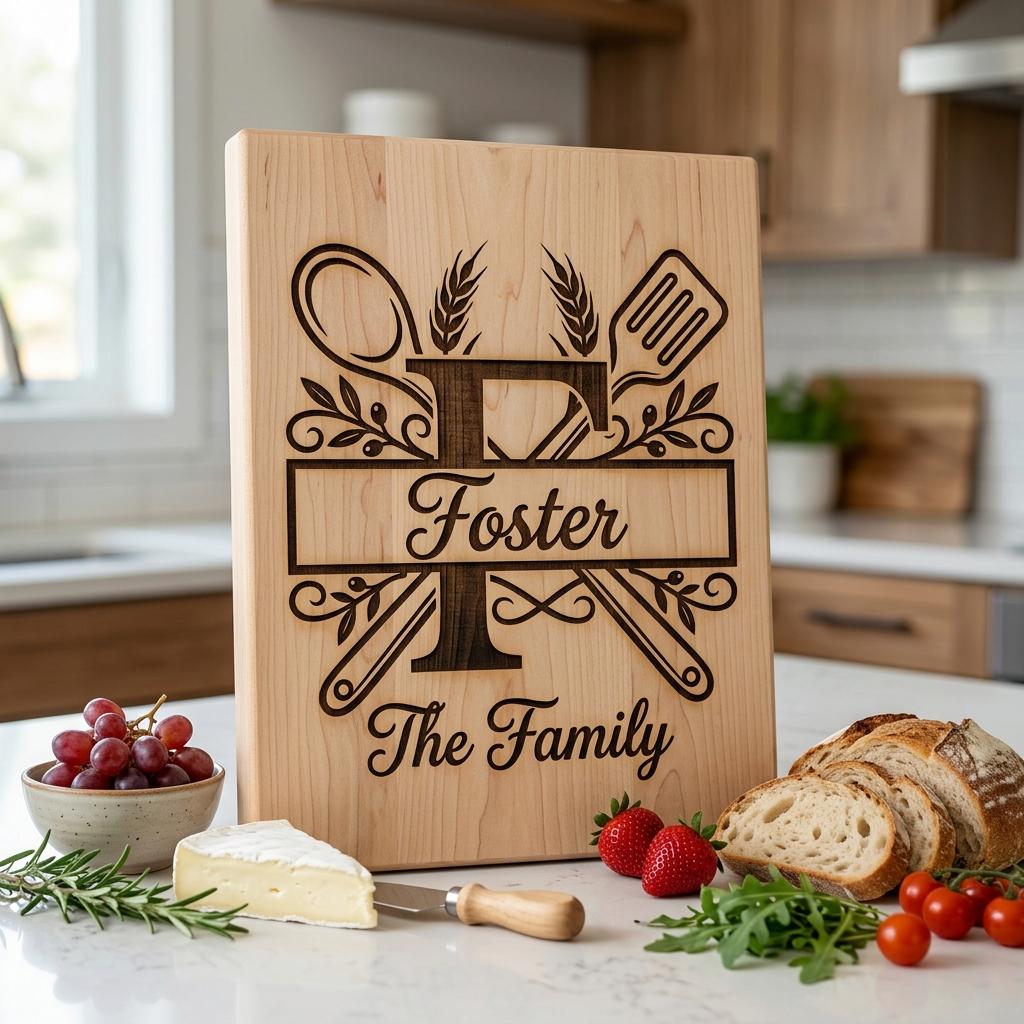 Cooking Monogram Alphabet, Family Crest Laser Engraving for Kitchen Boards