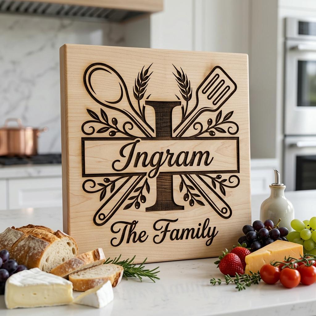 Cooking Monogram Alphabet, Family Crest Laser Engraving for Kitchen Boards