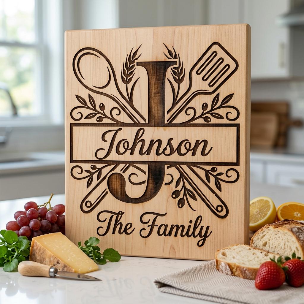 Cooking Monogram Alphabet, Family Crest Laser Engraving for Kitchen Boards