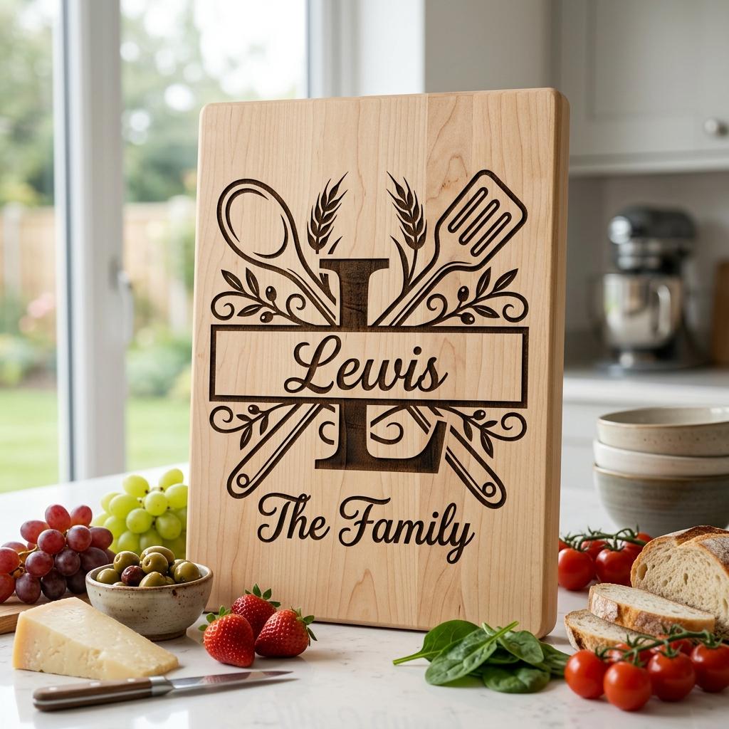 Cooking Monogram Alphabet, Family Crest Laser Engraving for Kitchen Boards