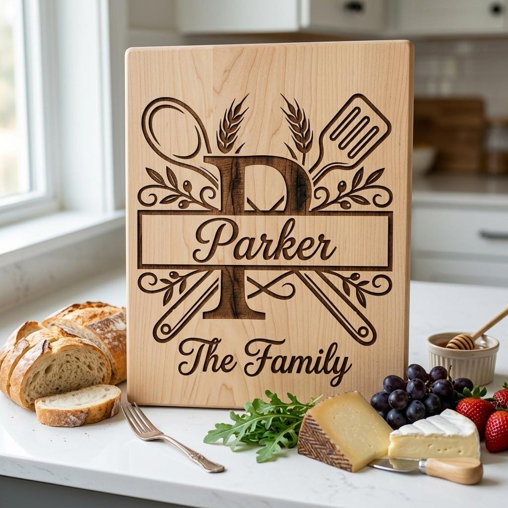 Cooking Monogram Alphabet, Family Crest Laser Engraving for Kitchen Boards