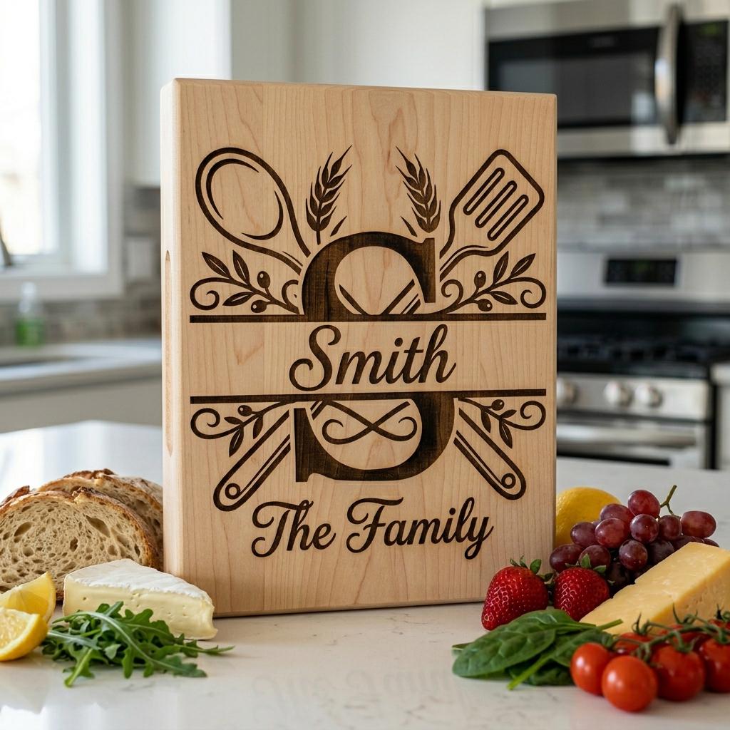 Cooking Monogram Alphabet, Family Crest Laser Engraving for Kitchen Boards