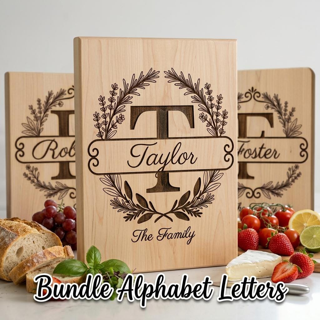 Custom Family Crest Monogram, Surname Logo Engraving with Herbal Wreath