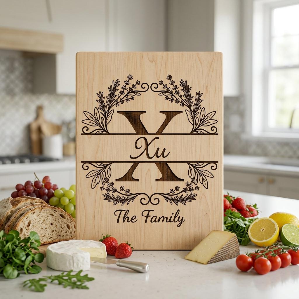 Custom Family Crest Monogram, Surname Logo Engraving with Herbal Wreath