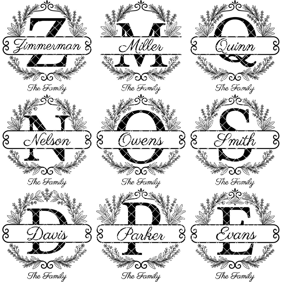 Custom Family Crest Monogram, Surname Logo Engraving with Herbal Wreath