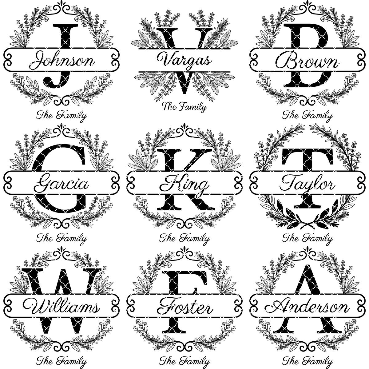 Custom Family Crest Monogram, Surname Logo Engraving with Herbal Wreath
