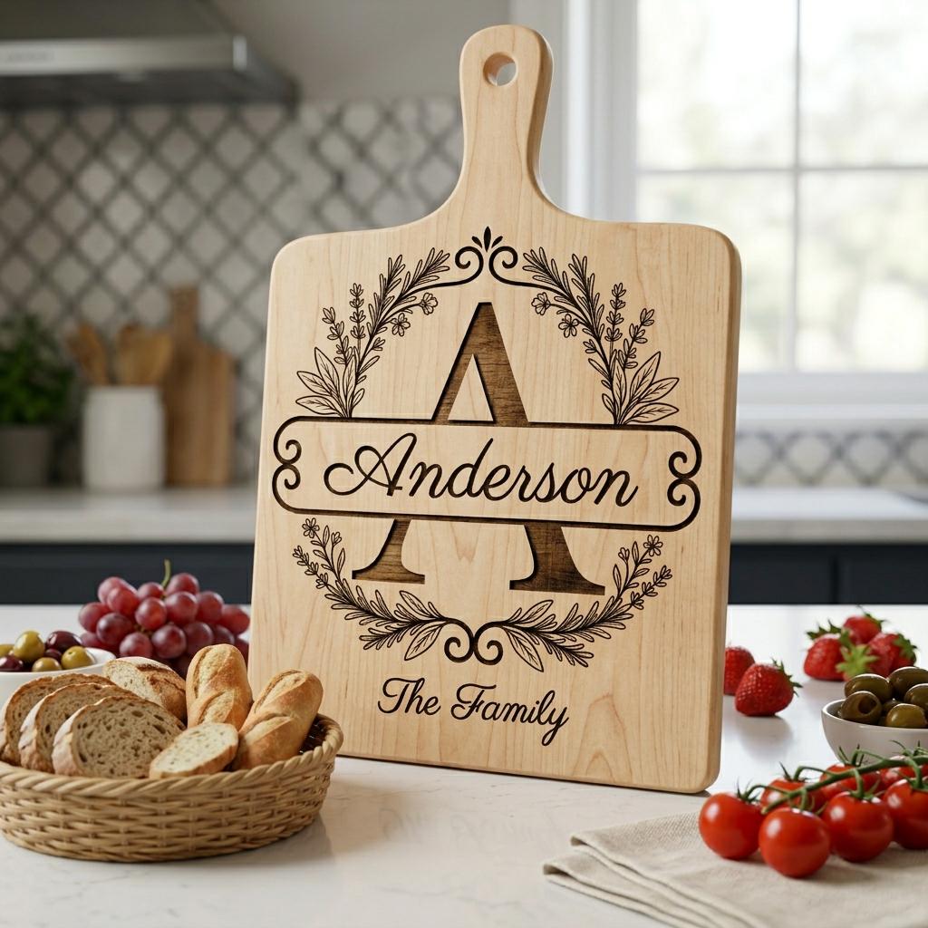 Custom Family Crest Monogram, Surname Logo Engraving with Herbal Wreath