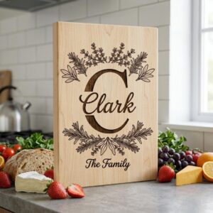 Custom Family Crest Monogram, Surname Logo Engraving with Herbal Wreath
