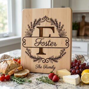 Custom Family Crest Monogram, Surname Logo Engraving with Herbal Wreath
