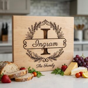 Custom Family Crest Monogram, Surname Logo Engraving with Herbal Wreath