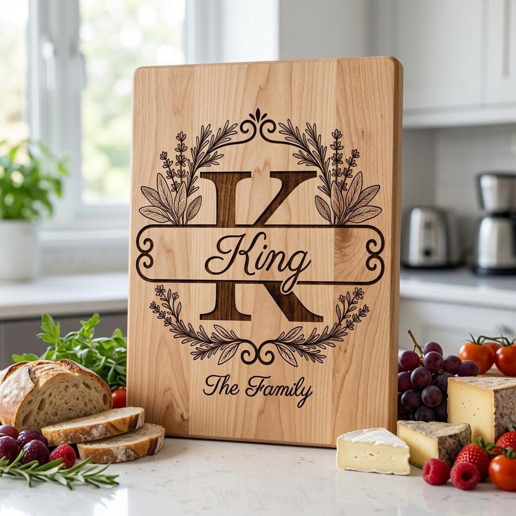 Custom Family Crest Monogram, Surname Logo Engraving with Herbal Wreath