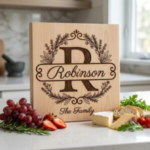 Custom Family Crest Monogram, Surname Logo Engraving with Herbal Wreath