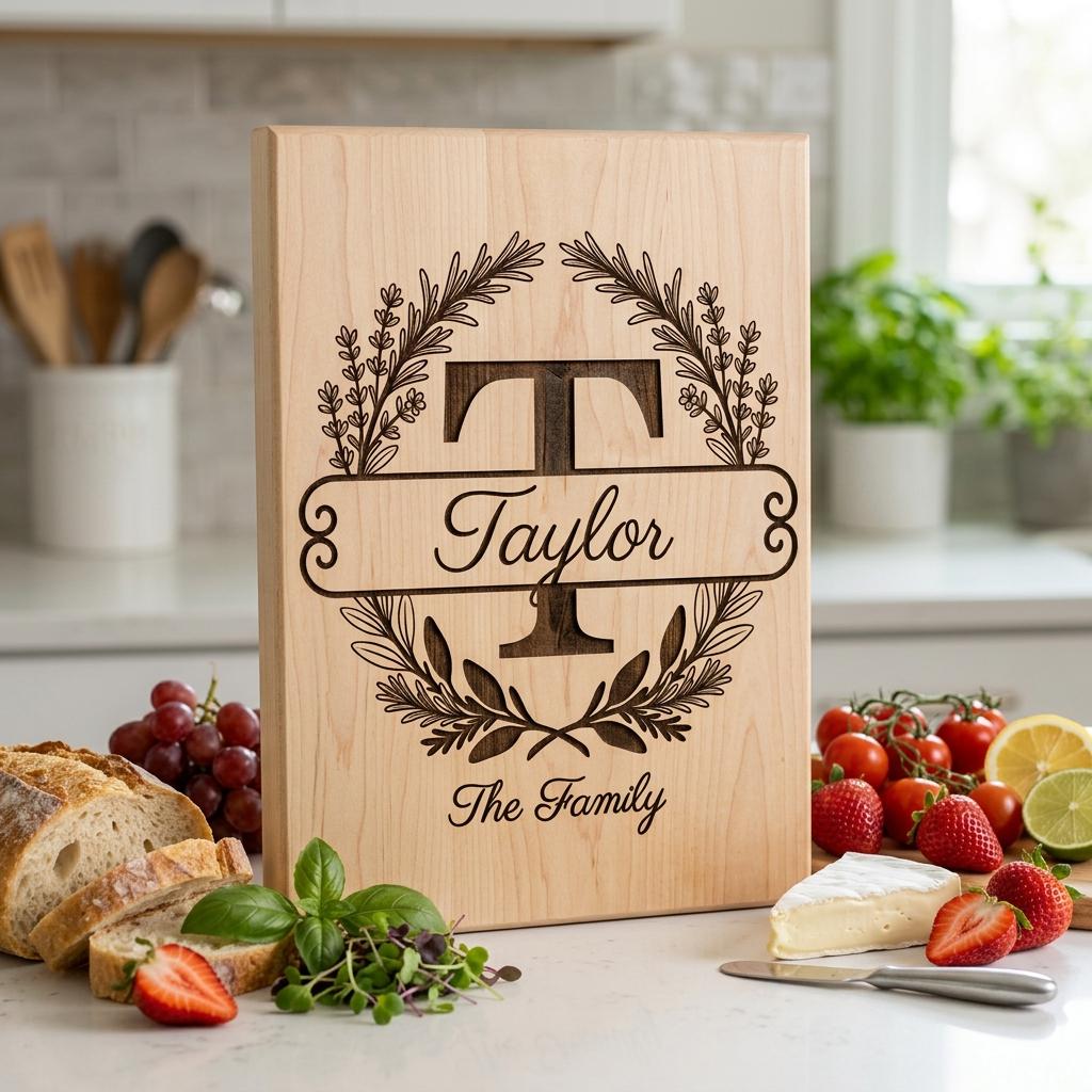 Custom Family Crest Monogram, Surname Logo Engraving with Herbal Wreath