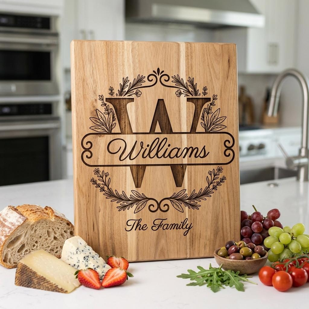 Custom Family Crest Monogram, Surname Logo Engraving with Herbal Wreath
