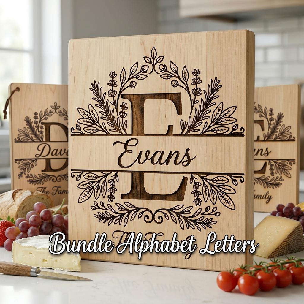 Custom Family Monogram Crests, Laser Engraving Alphabet for Chopping Boards