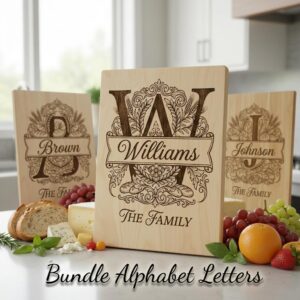 Custom Family Monogram Engraving, Personalized Alphabet For Kitchen Boards