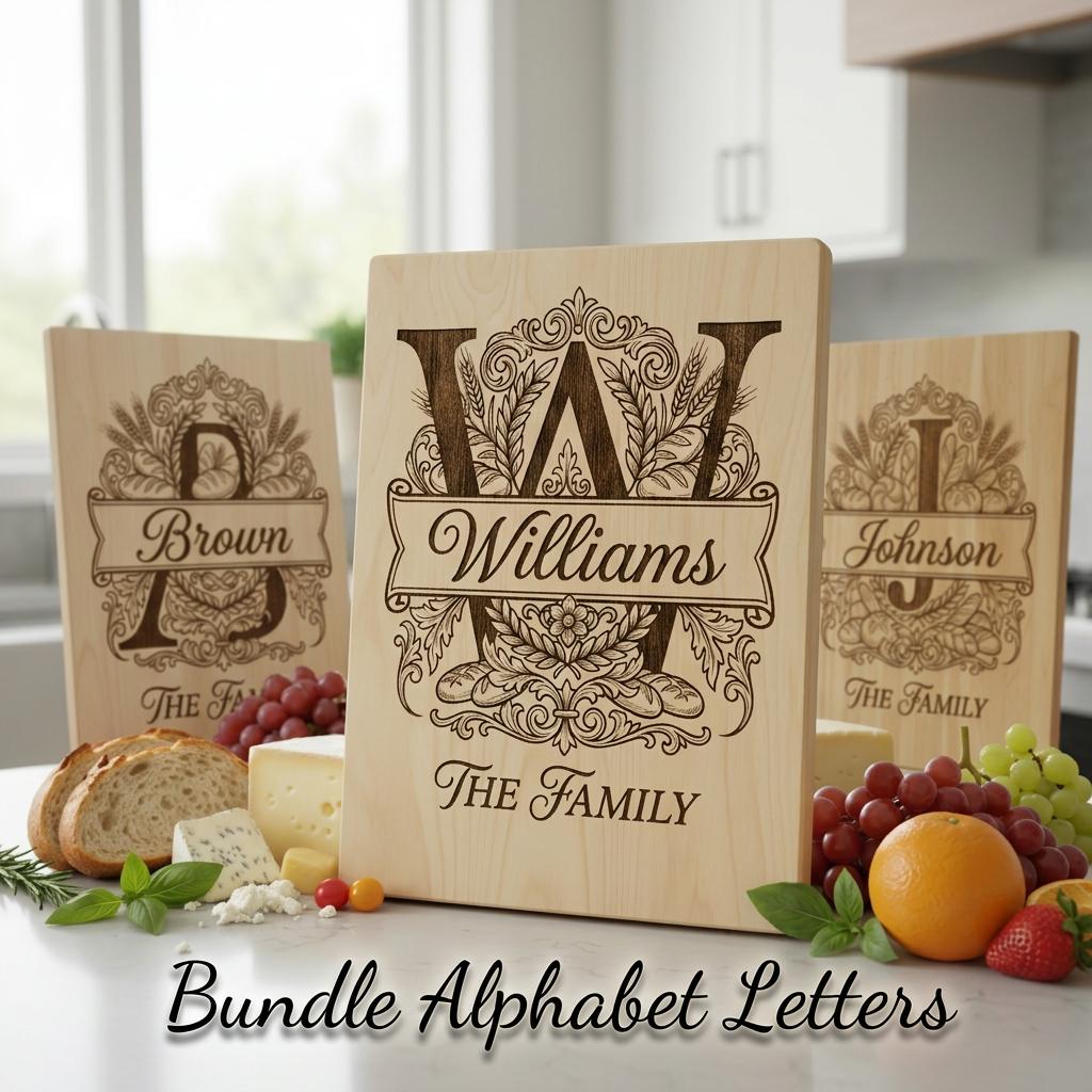Custom Family Monogram Engraving, Personalized Alphabet For Kitchen Boards