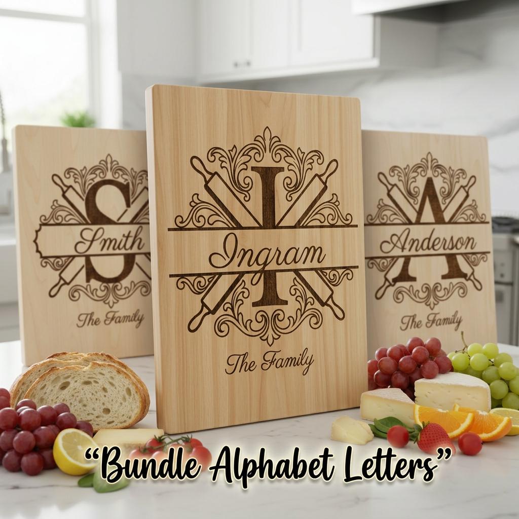 Custom family name monogram, flourish alphabet bundle for engraving boards
